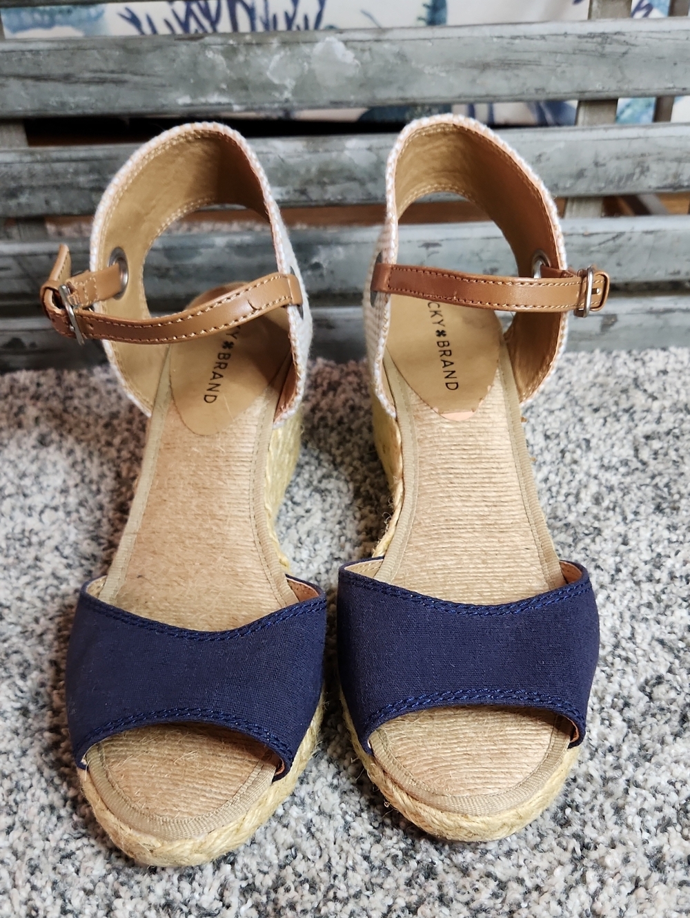 Lucky Brand Navy and Tan Espadrille Wedge Sandals